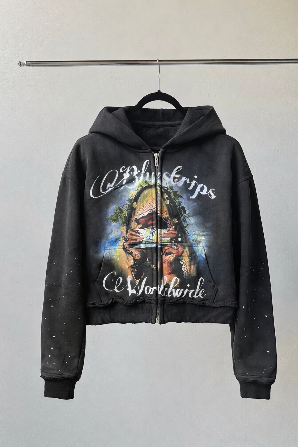 Black Heavyweight Veil of Wealth Cropped Zip-Up Hoodie