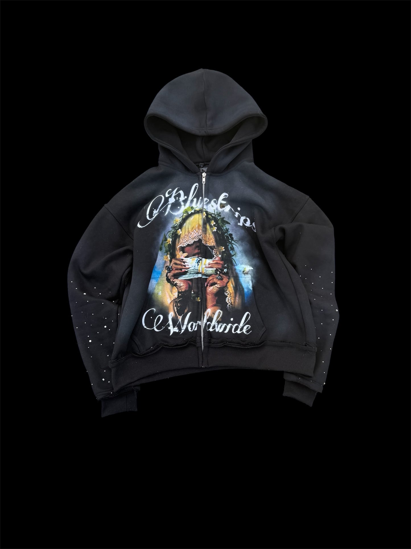 Black Heavyweight Veil of Wealth Cropped Zip-Up Hoodie